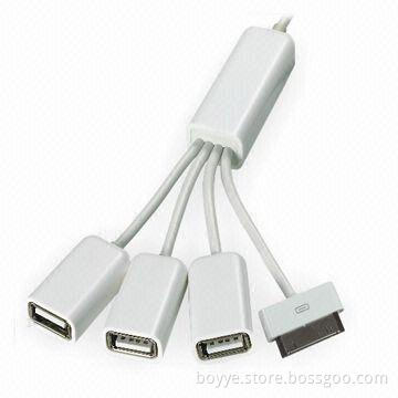 3-port USB Hub with DC, iPod Port and Rotatable Cable, Measures 32 x 17 x 10mm
